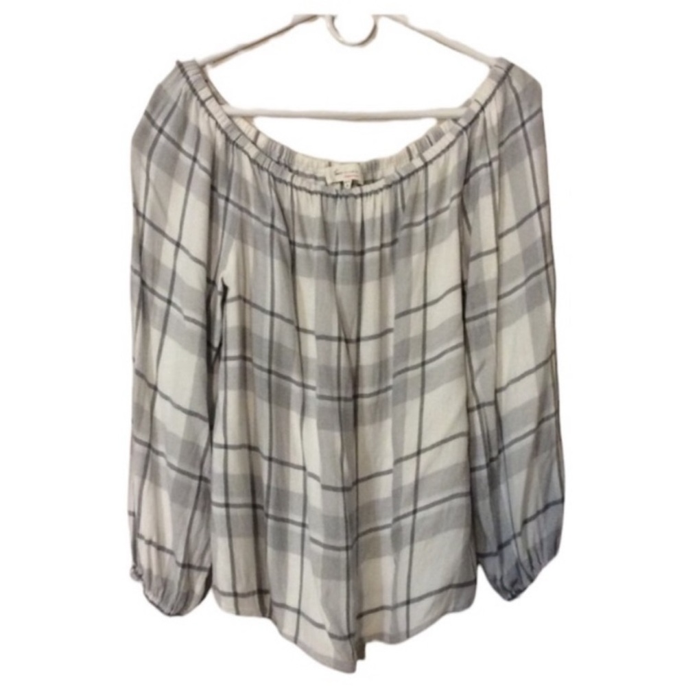 TWO BY VINCE CAMUTO Gray and White PLAID Blouse Size PM